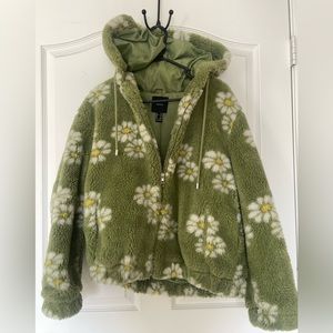 SOFT & CUTE Forever 21 Green, Floral Print, Teddy Hoodie